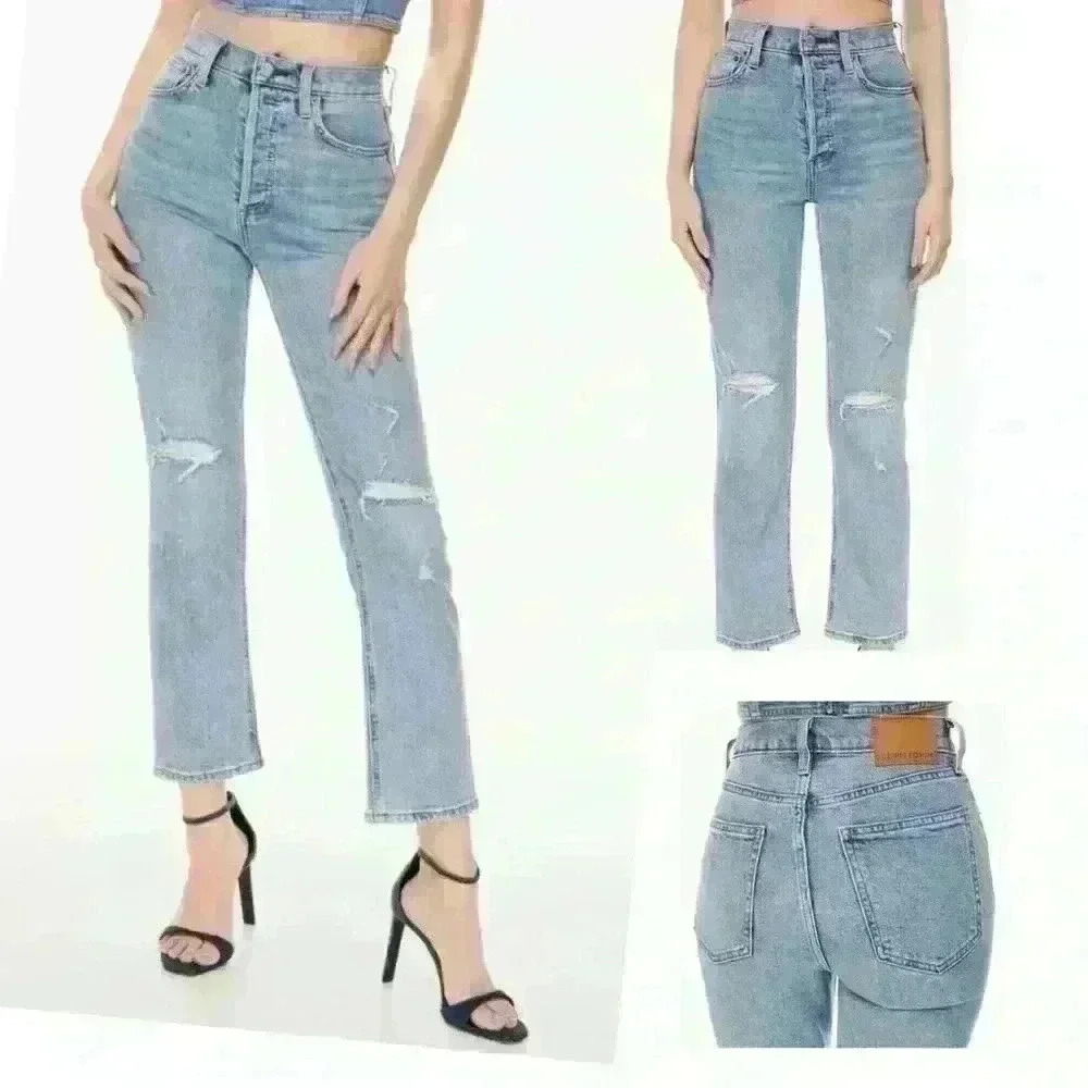 Aritzia  Denim Forum Arlo High Rise Straight Leg distressed size 24